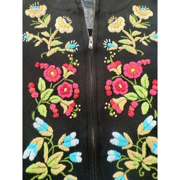 Cambridge Dry Goods Women's Black Zip Up Embroidered Sweater Cardigan Size Small - Picture 4 of 5